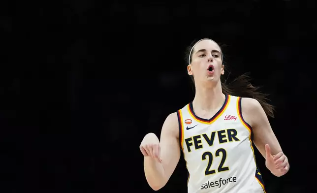 Indiana Fever guard Caitlin Clark reacts during the first half of a WNBA basketball game against the Minnesota Lynx, Thursday, Sept. 24, 2026, in Minneapolis. (AP Photo/Ellen Schmidt)