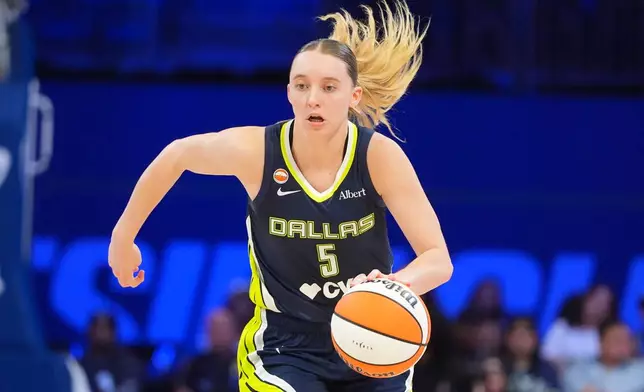 Dallas Wings guard Paige Bueckers dribbles during the second half of a WNBA basketball game against the Los Angeles Sparks in Arlington, Texas, Thursday, Sept. 17, 2026. (AP Photo/LM Otero)