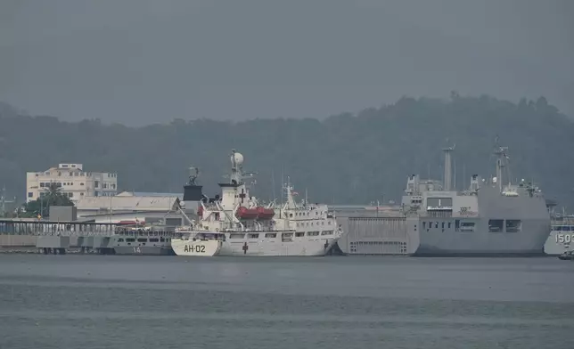 A ship waits to carry Myanmar nationals in Manjung, Perak state of Malaysia, on Tuesday, Sept. 29, 2026. (AP Photo/Vincent Thian)