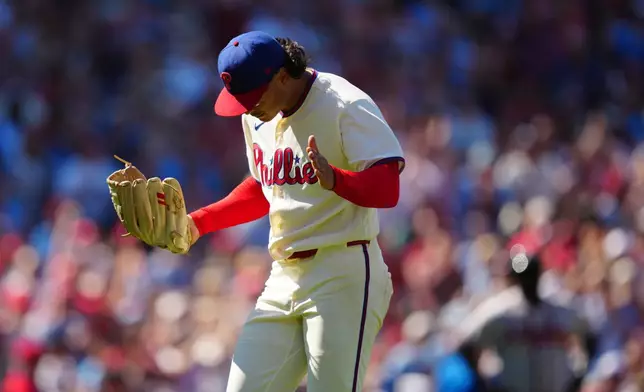 Philadelphia Phillies pitcher Jesús Luzardo reacts after striking out Atlanta Braves' Austin Riley during the eighth inning of a baseball game, Monday, Sept. 7, 2026, in Philadelphia. (AP Photo/Derik Hamilton)