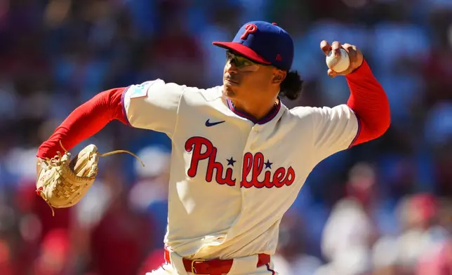 Philadelphia Phillies pitcher Jesús Luzardo throws during the ninth inning of a baseball game against the Atlanta Braves, Monday, Sept. 7, 2026, in Philadelphia. (AP Photo/Derik Hamilton)