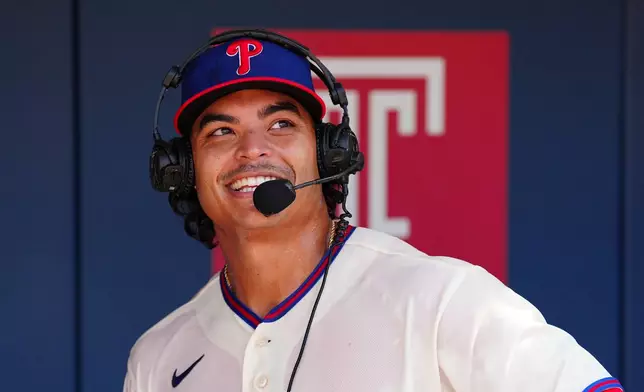 Philadelphia Phillies pitcher Jesús Luzardo smiles as he is interviewed after a baseball game against the Atlanta Braves, Monday, Sept. 7, 2026, in Philadelphia. (AP Photo/Derik Hamilton)
