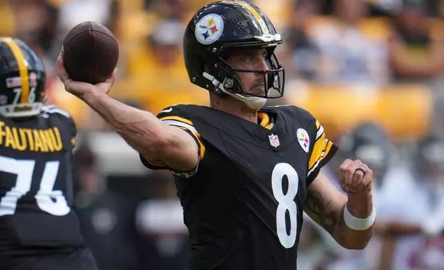 Pittsburgh Steelers quarterback Aaron Rodgers (8) looks to pass during an NFL football game against the Atlanta Falcons, Sunday, Sept. 13, 2026, in Pittsburgh. (AP Photo/Gene J. Puskar)