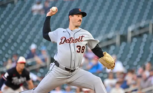 Detroit Tigers pitcher Drew Anderson throws against the Minnesota Twins during the first inning of a baseball game Wednesday, Sept. 2, 2026, in Minneapolis. (AP Photo/Craig Lassig)