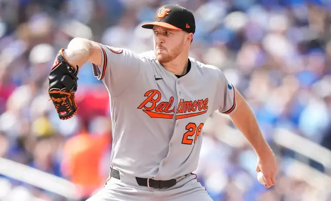 Baltimore Orioles pitcher Trevor Rogers (28) throws against the Toronto Blue Jays during second inning MLB action in Toronto on Sunday, Sept. 13, 2026. (Nathan Denette/The Canadian Press via AP)