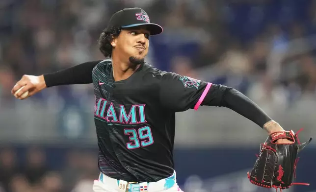Miami Marlins starting pitcher Eury Pérez throws during the fourth inning of a baseball game against the Atlanta Braves, Friday, Sept. 25, 2026, in Miami. (AP Photo/Lynne Sladky)