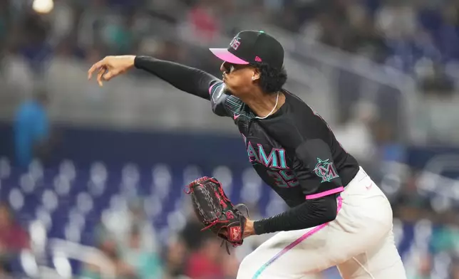 Miami Marlins starting pitcher Eury Pérez throws during the first inning of a baseball game against the Atlanta Braves, Friday, Sept. 25, 2026, in Miami. (AP Photo/Lynne Sladky)