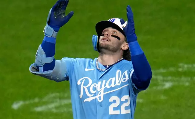 Kansas City Royals' Carter Jensen celebrates as he crosses home plate after hitting a solo home run off Pittsburgh Pirates pitcher Bubba Chandler during the third inning of a baseball game in Pittsburgh, Saturday, Sept. 19, 2026. (AP Photo/Gene J. Puskar)