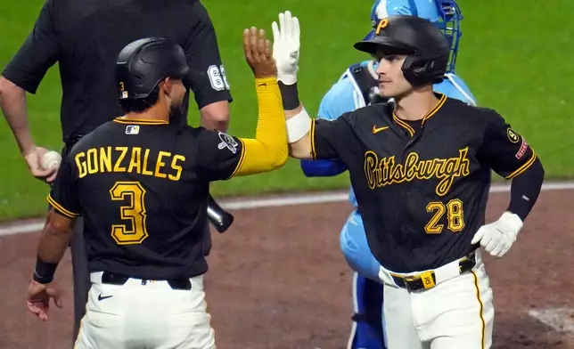 Pittsburgh Pirates' Jake Mangum (28) celebrates with Nick Gonzales (3) after hitting a two-run home run off Kansas City Royals pitcher Noah Cameron during the fourth inning of a baseball game in Pittsburgh, Saturday, Sept. 19, 2026. (AP Photo/Gene J. Puskar)