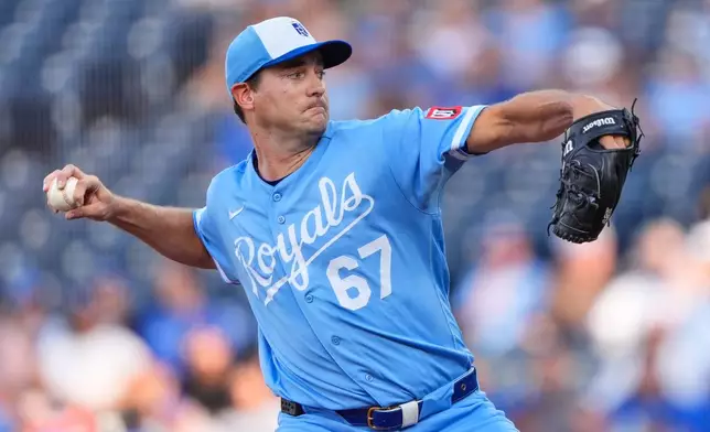 Kansas City Royals starting pitcher Seth Lugo throws during the first inning of a baseball game against the Toronto Blue Jays, Saturday, Sept. 5, 2026, in Kansas City, Mo. (AP Photo/Charlie Riedel)