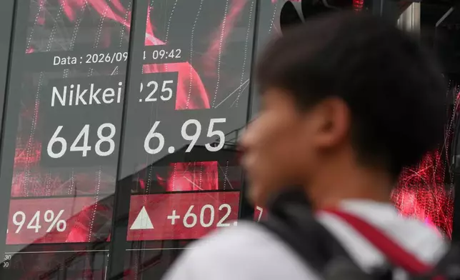 A person stands in front of an electronic stock board showing Japan's Nikkei index at a securities firm Friday, Sept. 4, 2026, in Tokyo. (AP Photo/Eugene Hoshiko)