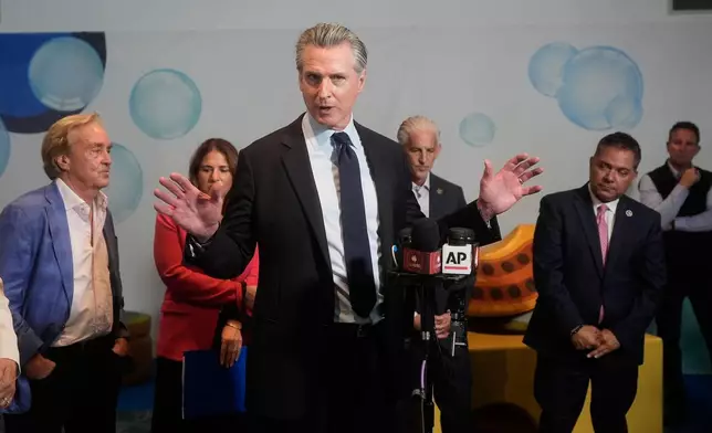 California Gov. Gavin Newsom speaks at a news conference at the Bay Area Discovery Museum, Thursday, Sept. 10, 2026, in Sausalito, Calif. (AP Photo/Jeff Chiu)