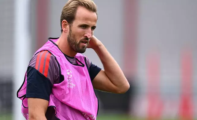 FC Bayern Munich's Harry Kane attends a team training session a day before their group stage Champions League soccer match between Bayern Munich and Bodø/Glimt, in Munich, Germany, Wednesday, Sept. 9, 2026. (Sven Hoppe/dpa via AP)