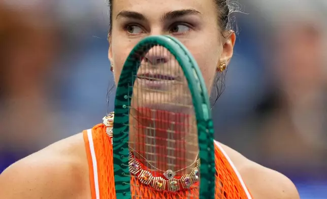 Aryna Sabalenka, of Belarus, reacts as she competes against Taylor Townsend, of the United States, during the fourth round of the U.S. Open tennis championships Sunday, Sept. 6, 2026, in New York. (AP Photo/Yuki Iwamura)