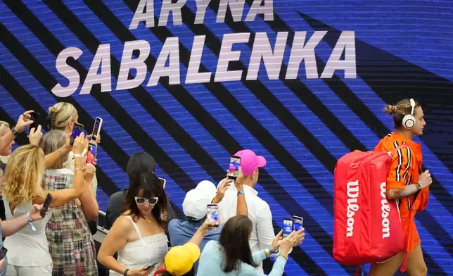 Aryna Sabalenka, of Belarus, arrives for her match against Taylor Townsend, of the United States, during the fourth round of the U.S. Open tennis championships Sunday, Sept. 6, 2026, in New York. (AP Photo/Yuki Iwamura)