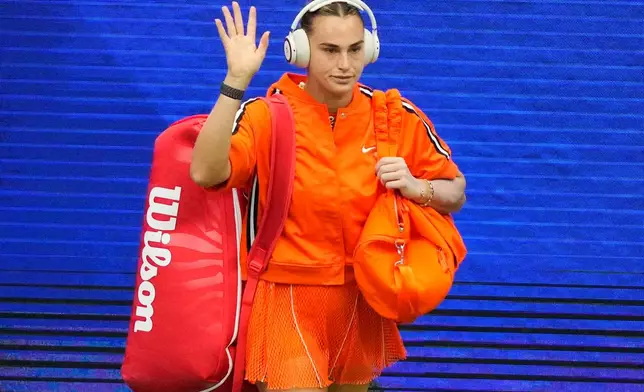 Aryna Sabalenka, of Belarus, arrives for her match against Taylor Townsend, of the United States, during the fourth round of the U.S. Open tennis championships Sunday, Sept. 6, 2026, in New York. (AP Photo/Yuki Iwamura)