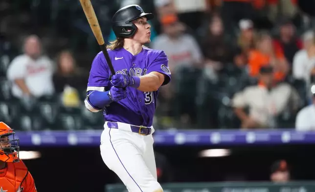 Colorado Rockies' Jake McCarthy follows the flight of his fly out to end a baseball game against the Baltimore Orioles Monday, Aug. 31, 2026, in Denver. (AP Photo/David Zalubowski)