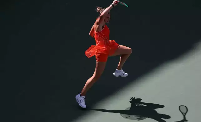 Aryna Sabalenka, of Belarus, serves the ball to Kamilla Rakhimova, of Uzbekistan, during the third round of the U.S. Open tennis championships Friday, Sept. 4, 2026, in New York. (AP Photo/Heather Khalifa)