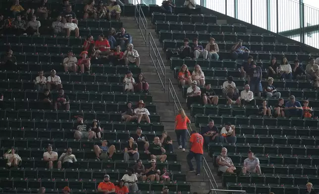 Fans sit among empty seats during the second inning in Game 1 of baseball's American League Wild Card Series between the Houston Astros and Chicago White Sox, Tuesday, Sept. 29, 2026, in Houston. (AP Photo/Karen Warren)
