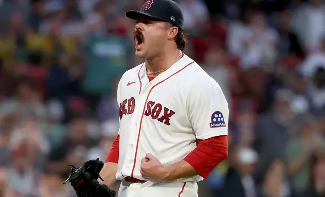 Boston Red Sox pitcher Payton Tolle reacts after retiring the sixth inning with two runners on base during a baseball game against the Kansas City Royals, Sunday, Sept. 13, 2026, in Boston. (AP Photo/Mark Stockwell)