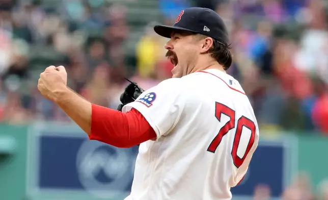 Boston Red Sox pitcher Payton Tolle reacts after striking out a third batter back-to-back during the first inning of a baseball game against the Kansas City Royals, Sunday, Sept. 13, 2026, in Boston. (AP Photo/Mark Stockwell)