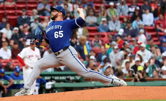 Kansas City Royals pitcher Noah Cameron throws during the second inning of a baseball game against the Boston Red Sox, Sunday, Sept. 13, 2026, in Boston. (AP Photo/Mark Stockwell)