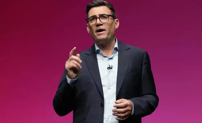 Britain's Prime Minister Andy Burnham delivers his Leader's Speech during the Labour Party Conference in Liverpool, England, Tuesday, Sept. 29, 2026. (AP Photo/Jon Super)