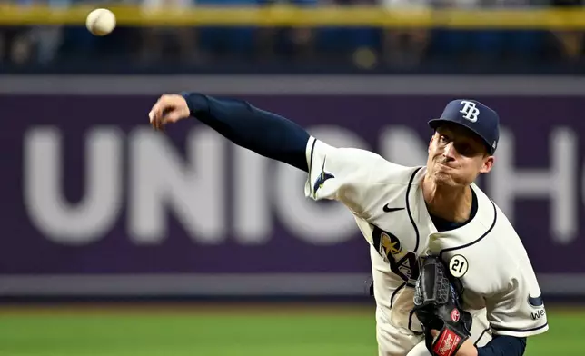 Tampa Bay Rays pitcher Griffin Jax throws during the fourth inning of a baseball game against the Athletics Tuesday, Sept. 15, 2026, in St. Petersburg, Fla. (AP Photo/Jason Behnken)
