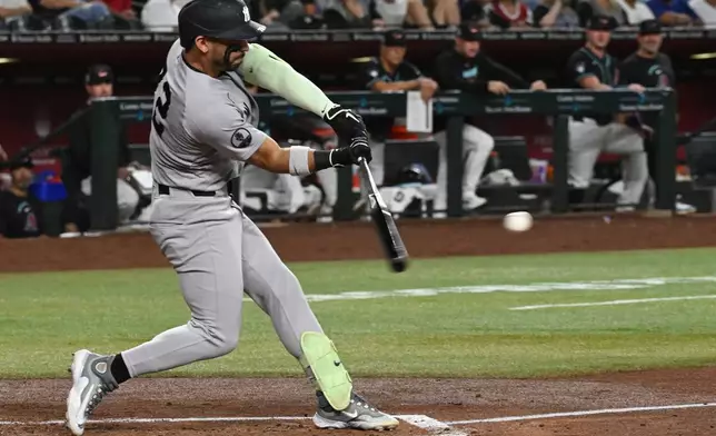 New York Yankees José Caballero (72) hits during the third inning of a baseball game against the Arizona Diamondbacks, Saturday, Sept. 19, 2026, in Phoenix. (AP Photo/Caitlin O'Hara)