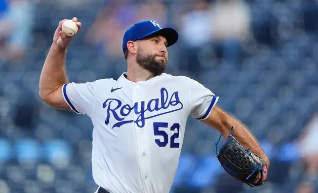 Kansas City Royals starting pitcher Michael Wacha throws during the first inning of a baseball game against the Arizona Diamondbacks, Tuesday, Sept. 8, 2026, in Kansas City, Mo. (AP Photo/Charlie Riedel)