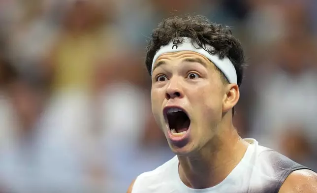 Ben Shelton, of the United States, celebrates during the second round of the U.S. Open tennis championships against Hubert Hurkacz, of Poland, Wednesday, Sept. 2, 2026, in New York. (AP Photo/Kirsty Wigglesworth)