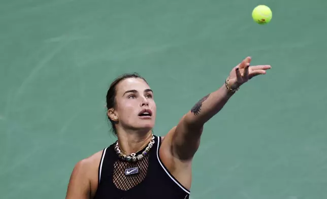 Aryna Sabalenka, of Belarus, serves to Polina Iatcenko, of Russia, during the second round of the U.S. Open tennis championships, Wednesday, Sept. 2, 2026, in New York. (AP Photo/Adam Hunger)