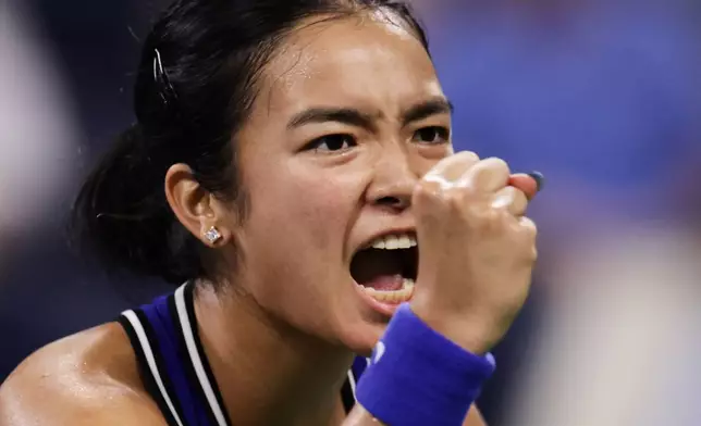 Alexandra Eala, of the Philippines, reacts during her match against Mary Stoiana, of the United States, during the first round of the U.S. Open tennis championships Tuesday, Sept. 1, 2026, in New York. (AP Photo/Adam Hunger)