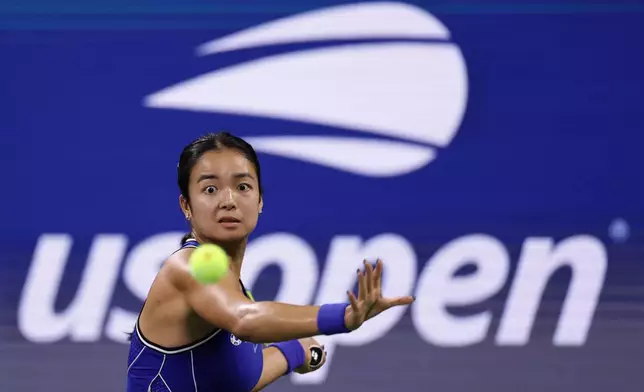 Alexandra Eala, of the Philippines, keeps here eyes on the ball as she plays Mary Stoiana, of the United States, in the first round of the U.S. Open tennis championships Tuesday, Sept. 1, 2026, in New York. (AP Photo/Adam Hunger)
