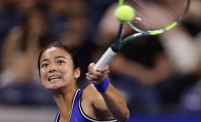 Alexandra Eala, of the Philippines, hits a return to Mary Stoiana, of the United States, during the first round of the U.S. Open tennis championships Tuesday, Sept. 1, 2026, in New York. (AP Photo/Adam Hunger)