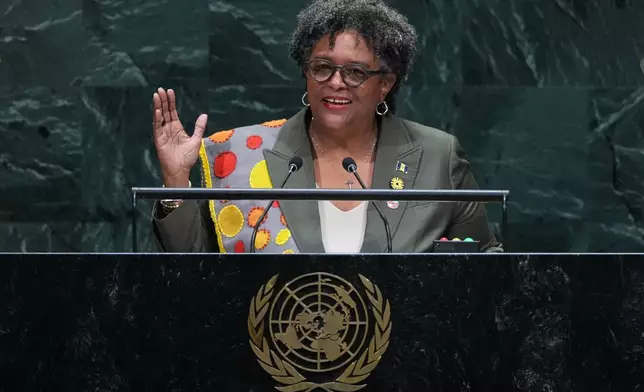 Barbados Prime Minister Mia Amor Mottley addresses the 81st session of the United Nations General Assembly at U.N. headquarters Thursday, Sept. 24, 2026. (AP Photo/Frank Franklin II)