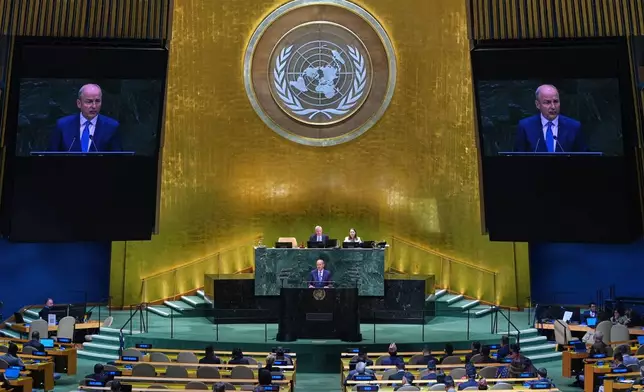 Ireland's Prime Minister Micheal Martin addresses the 81st session of the United Nations General Assembly at U.N. headquarters Thursday, Sept. 24, 2026. (AP Photo/Frank Franklin II)