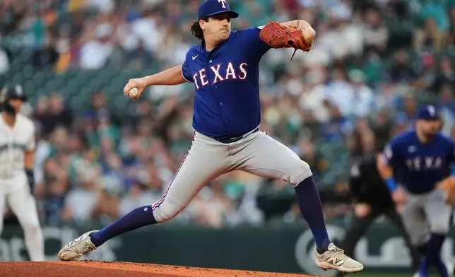 Texas Rangers starting pitcher Cal Quantrill throws against the Seattle Mariners during the first inning of a baseball game, Tuesday, Sept. 8, 2026, in Seattle. (AP Photo/Lindsey Wasson)