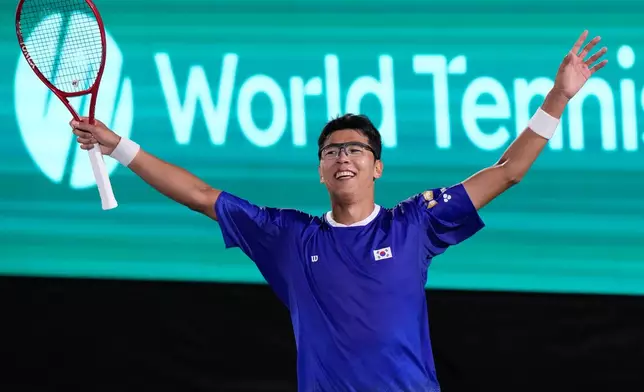 South Korea's Hyeon Chung celebrates after winning against India's Sumit Nagal during a Davis Cup second round qualifier between South Korea and India, in Seoul, South Korea, Friday, Sept. 18, 2026. (AP Photo/Ahn Young-joon)