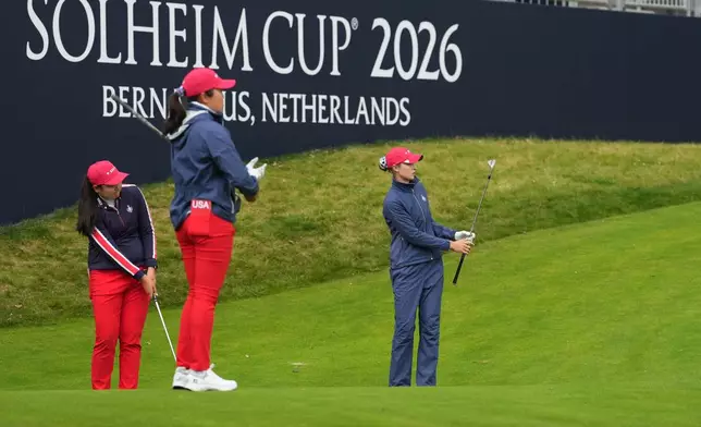 Nelly Korda of the United States putts on the 12th green during a practice round for the Solheim Cup at the Bernardus Golf course in Vught, Netherlands, Wednesday, Sept. 9, 2026. (AP Photo/Alastair Grant)