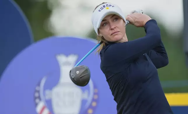 Charley Hull of Europe plays off the 14th hole during a practice round for the Solheim Cup at the Bernardus Golf course in Vught, Netherlands, Wednesday, Sept. 9, 2026. (AP Photo/Alastair Grant)