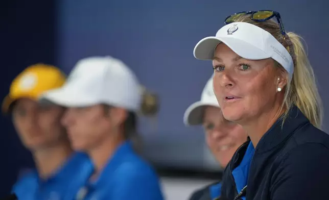 Anna Nordqvist, Europe team captain, speaks during a press conference for the Solheim Cup at the Bernardus Golf course in Vught, Netherlands, Tuesday, Sept. 8, 2026. (AP Photo/Alastair Grant)