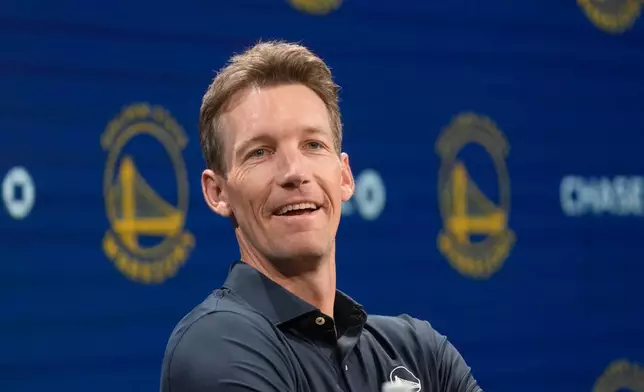 Golden State Warriors general manager Mike Dunleavy Jr. speaks during the NBA basketball team's media day, Monday, Sept. 28, 2026, in San Francisco. (AP Photo/Jeff Chiu)