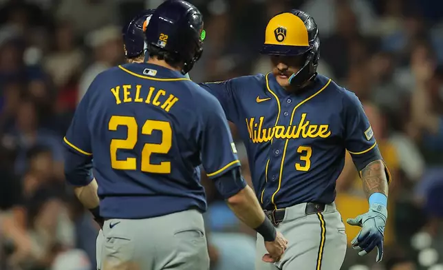 Milwaukee Brewers' Joey Ortiz, right, celebrates his two-run home run with teammate Christian Yelich, left, during the eighth inning of a baseball game against the Chicago Cubs, Tuesday, Sept. 1, 2026, in Chicago. (AP Photo/Melissa Tamez)