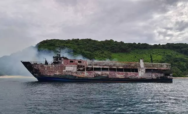 This photo provided by the Philippine Coast Guard, shows remains of ferry MV June Aster that caught fire off Palawan province, western Philippines on Thursday Sept. 10, 2026. (Philippine Coast Guard via AP)