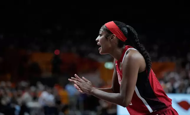 Angel Reese, of the United States, reacts during the Women's Basketball World Cup semifinal match between the United States and Spain in Berlin, Saturday, Sept. 12, 2026. (AP Photo/Ebrahim Noroozi)