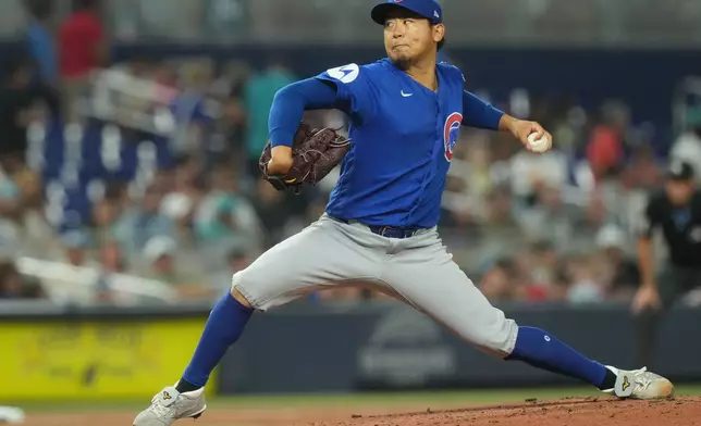 Chicago Cubs starting pitcher Shota Imanaga aims a pitch during the second inning of a baseball game against the Miami Marlins Friday, Sept. 4, 2026, in Miami. (AP Photo/Marta Lavandier)