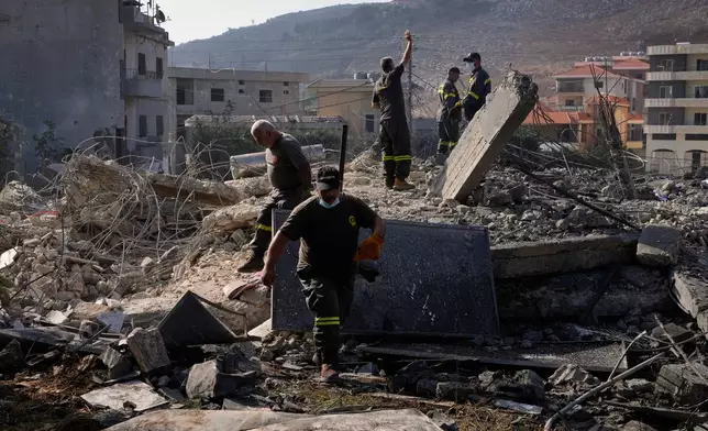 Rescue workers search for victims under the rubble of a building destroyed in an Israeli airstrike in the southern village of Kfar Rumman, Lebanon, Monday, Sept. 7, 2026. (AP Photo/Mohammed Zaatari)