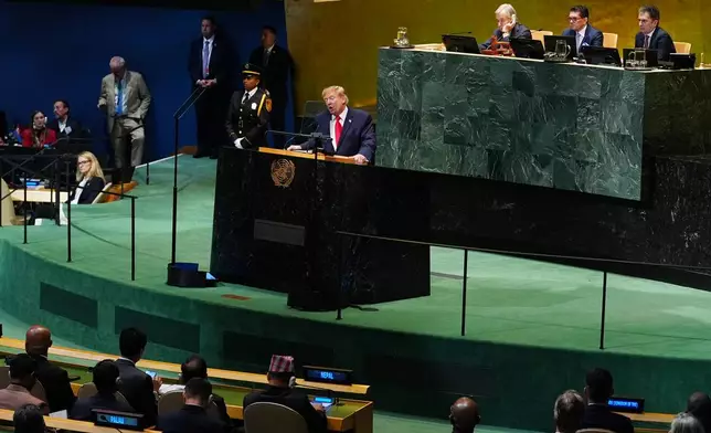 President Donald Trump speaks to the United Nations General Assembly, Tuesday, Sept. 22, 2026, at the UN headquarters. (AP Photo/Julia Demaree Nikhinson)