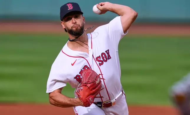 Boston Red Sox's Patrick Sandoval delivers during the first inning of a baseball game against the Seattle Mariners, Wednesday, Sept. 2, 2026, in Boston. (AP Photo/Charles Krupa)